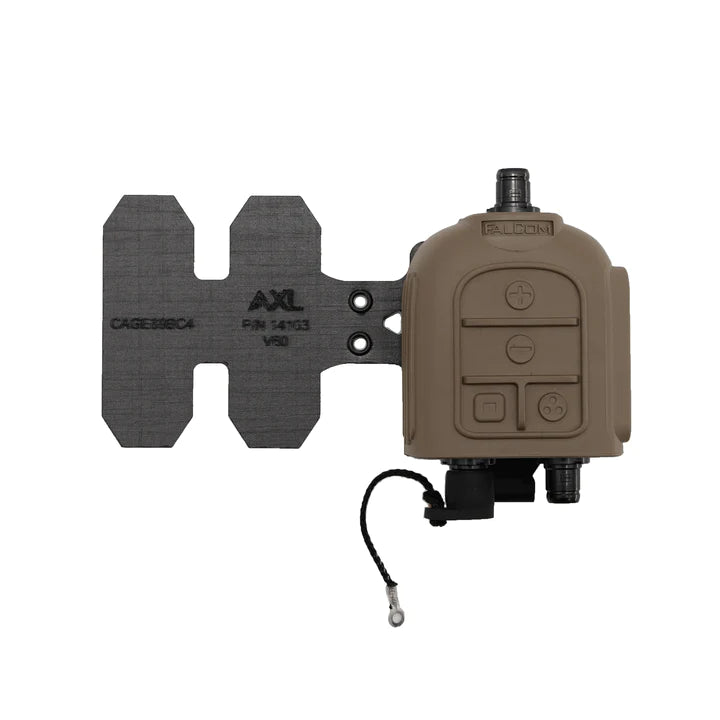 P/N: 14103-TBD: The CommSled mounts the PTT offset to the carrier and flexibly allows clearance of ATAK and similar systems, as well as lower profile mounting and improved access to PTT controls. Using shockcord, the CommSled pulls the PTT's outer edge into the plate carrier's intercostal space and keeps it spaced so that EUD devices can be used without interference by larger PTTs.
