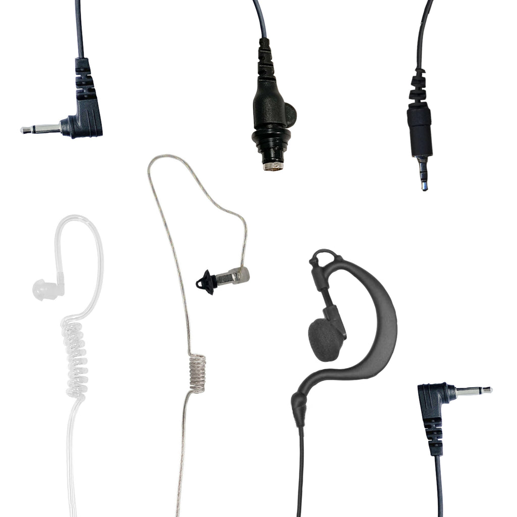 Collection of listen only earpieces: Clear/Black Acoustic Tube, Tubeless, Ear hook, & more.