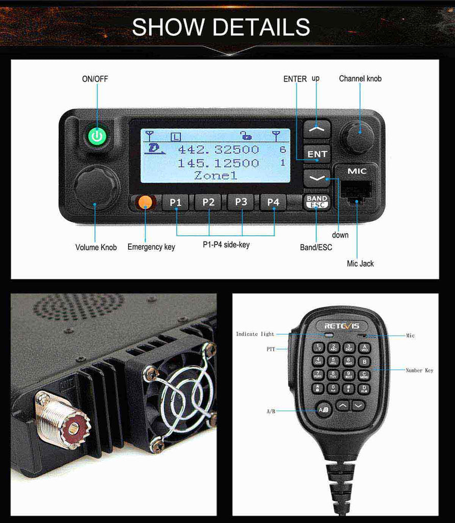 P/N: RT90: The Retevis RT90 50 Watt Dual Band DMR Mobile with the MA07 Stainless Steel Antenna Kit supports analog and digital mode. It provides dual band, dual standby, dual display, dual time slot, operating on both 400-480MHz UHF frequencies and 136-174MHz VHF at up to 50 watts VHF and 45 watts UHF Comm Gear Supply CGS