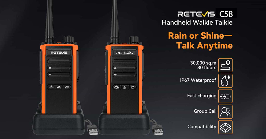 P/N: C5B: The Retevis C5B waterproof walkie talkie boasts an ultra-long communication range of up to 30,000 square meters, equipped with squelch and VOX functions to ensure crystal-clear conversations even in noisy environments, such as construction sites or outdoors. Both the pin connector and the body feature waterproof designs, with a built-in 1800mAh battery, it supports both direct and rapid charging, providing over 16 hours of use per full charge. Comm Gear Supply CGS