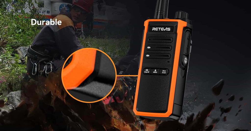 P/N: C5B: The Retevis C5B waterproof walkie talkie boasts an ultra-long communication range of up to 30,000 square meters, equipped with squelch and VOX functions to ensure crystal-clear conversations even in noisy environments, such as construction sites or outdoors. Both the pin connector and the body feature waterproof designs, with a built-in 1800mAh battery, it supports both direct and rapid charging, providing over 16 hours of use per full charge. Comm Gear Supply CGS