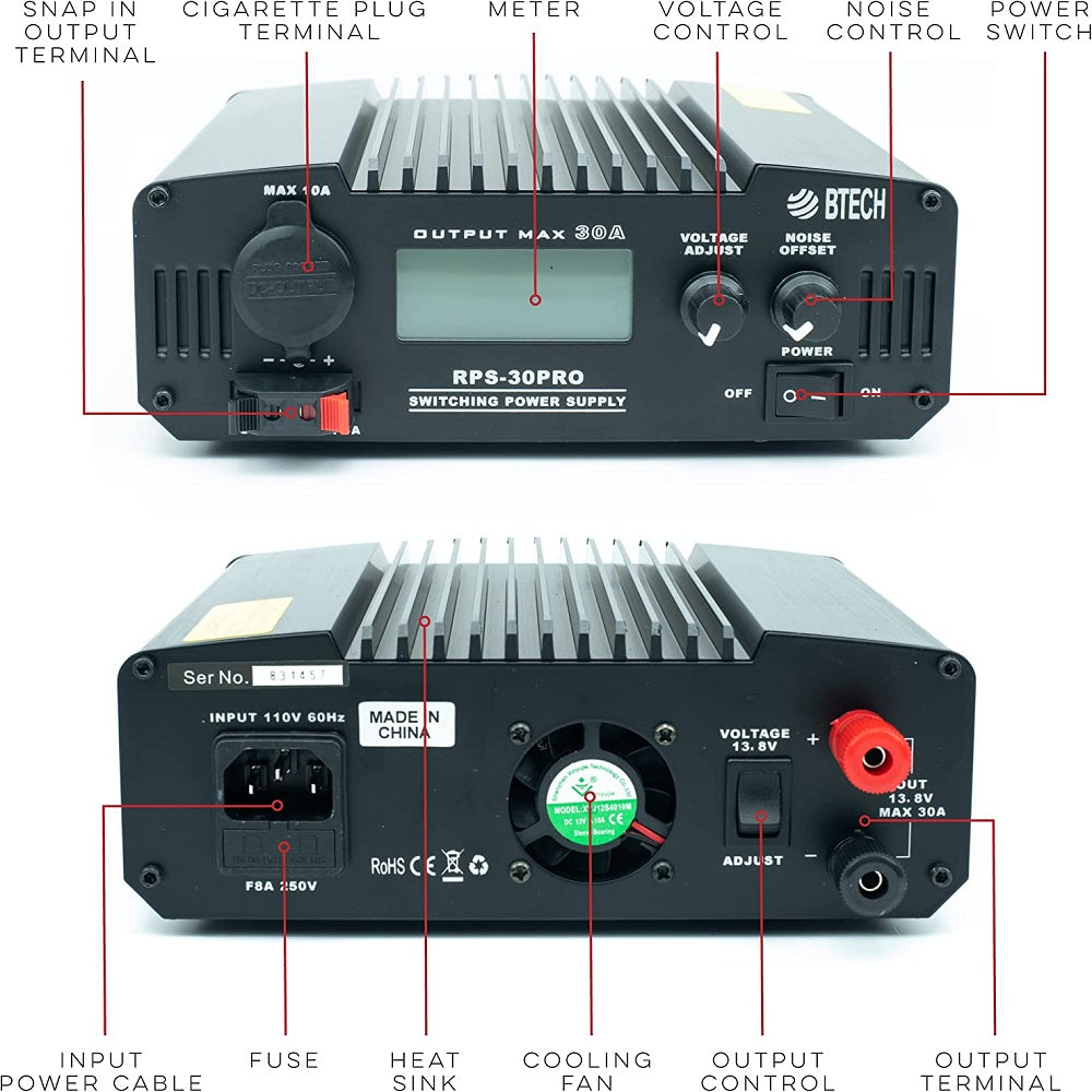 P/N: RPS-30PRO: The BTECH RPS-30PRO Regulated Power Supply allows for simple and reliable AC-to-DC power conversion with a constant source of DC voltage. An ideal power source for CB, Ham, GMRS and LMR Two way radios, Scanners, and all 13.8V equipment. Comm Gear Supply