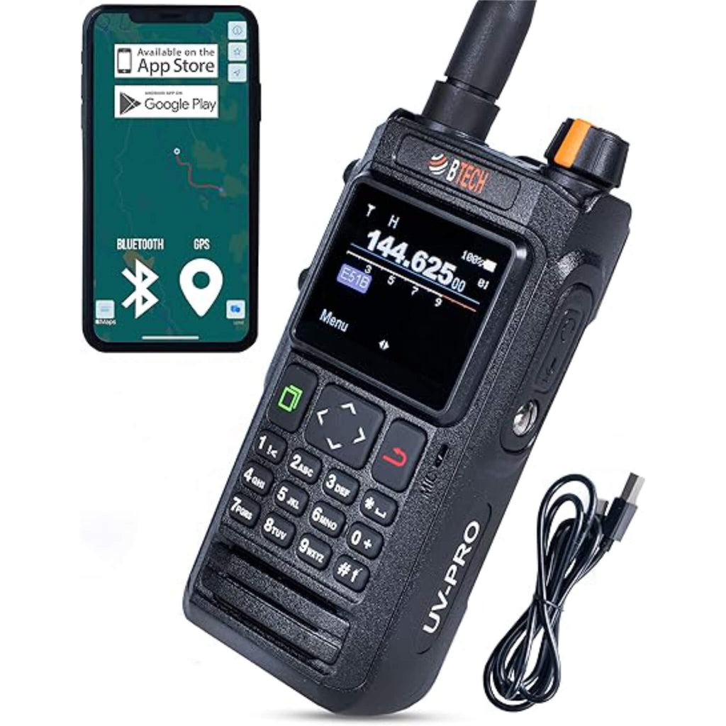 P/N: UV-PRO: BTECH UV-PRO IP67 Dual Band VHF/UHF Two-Way Radio – Equipped with APRS, Bluetooth, GPS, Text Messaging, Aviation Band Scanner, NOAA Weather Alerts, and a USB-C Rechargeable Battery. Comm Gear Supply CGS