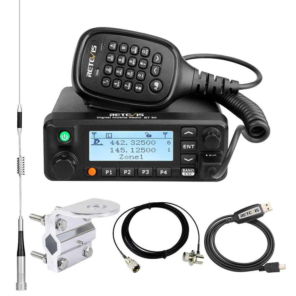 P/N: RT90: The Retevis RT90 50 Watt Dual Band DMR Mobile with the MA07 Stainless Steel Antenna Kit supports analog and digital mode. It provides dual band, dual standby, dual display, dual time slot, operating on both 400-480MHz UHF frequencies and 136-174MHz VHF at up to 50 watts VHF and 45 watts UHF Comm Gear Supply CGS