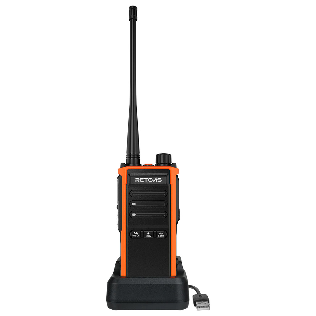 P/N: C5B: The Retevis C5B waterproof walkie talkie boasts an ultra-long communication range of up to 30,000 square meters, equipped with squelch and VOX functions to ensure crystal-clear conversations even in noisy environments, such as construction sites or outdoors. Both the pin connector and the body feature waterproof designs, with a built-in 1800mAh battery, it supports both direct and rapid charging, providing over 16 hours of use per full charge. Comm Gear Supply CGS