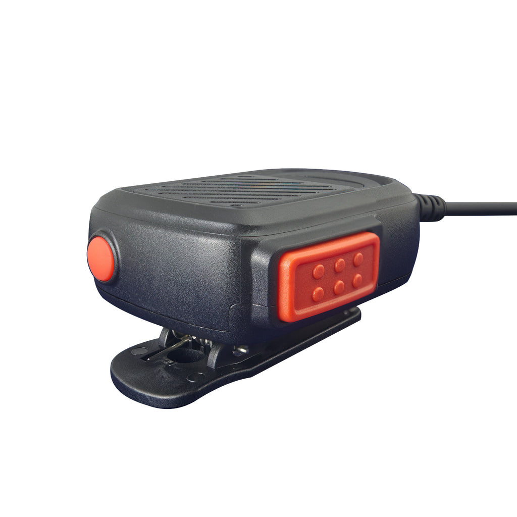 P/N: PSM2-29HW, Speaker Mic/Hand Mic for Public Safety Officials. High tensile strength polyurethane cable, internal KEVLAR weaved lining. Features colored PTT button, Emergency button, Rotatable clip.