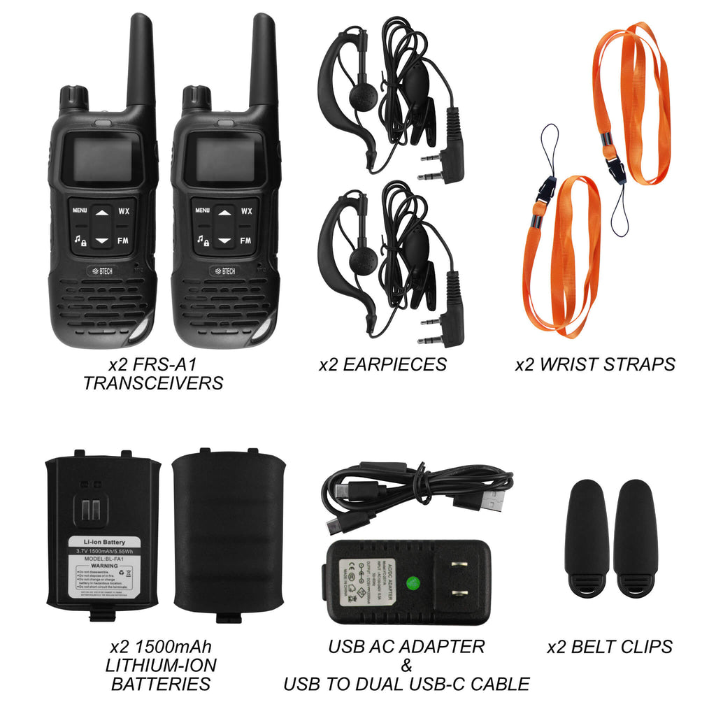 2PACK-FRS-A1: The BTECH FRS-A1 are license free FRS walkie talkies programmed with all 22 FRS channels used by FRS radios Comm Gear Supply CGS