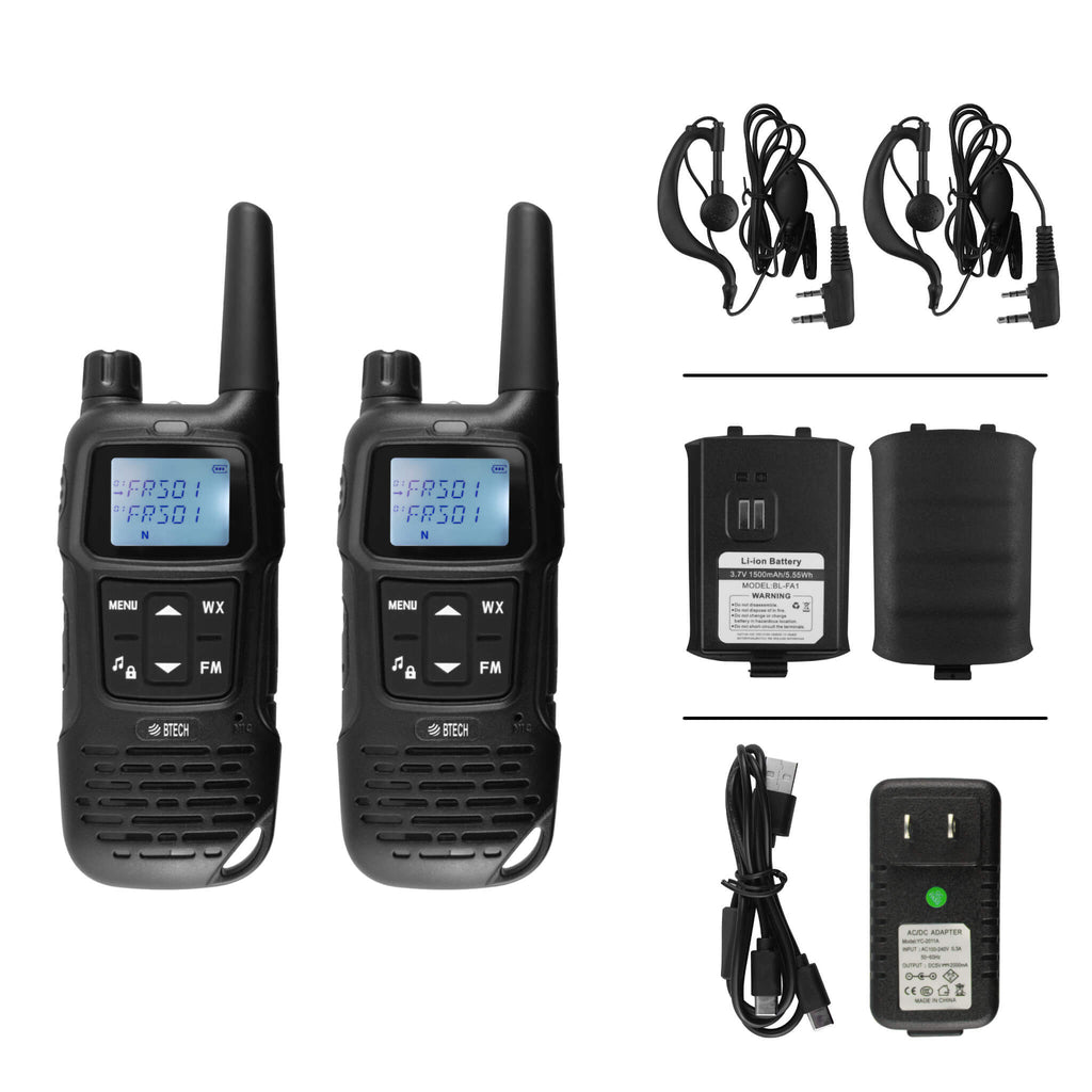 2PACK-FRS-A1: The BTECH FRS-A1 are license free FRS walkie talkies programmed with all 22 FRS channels used by FRS radios Comm Gear Supply CGS