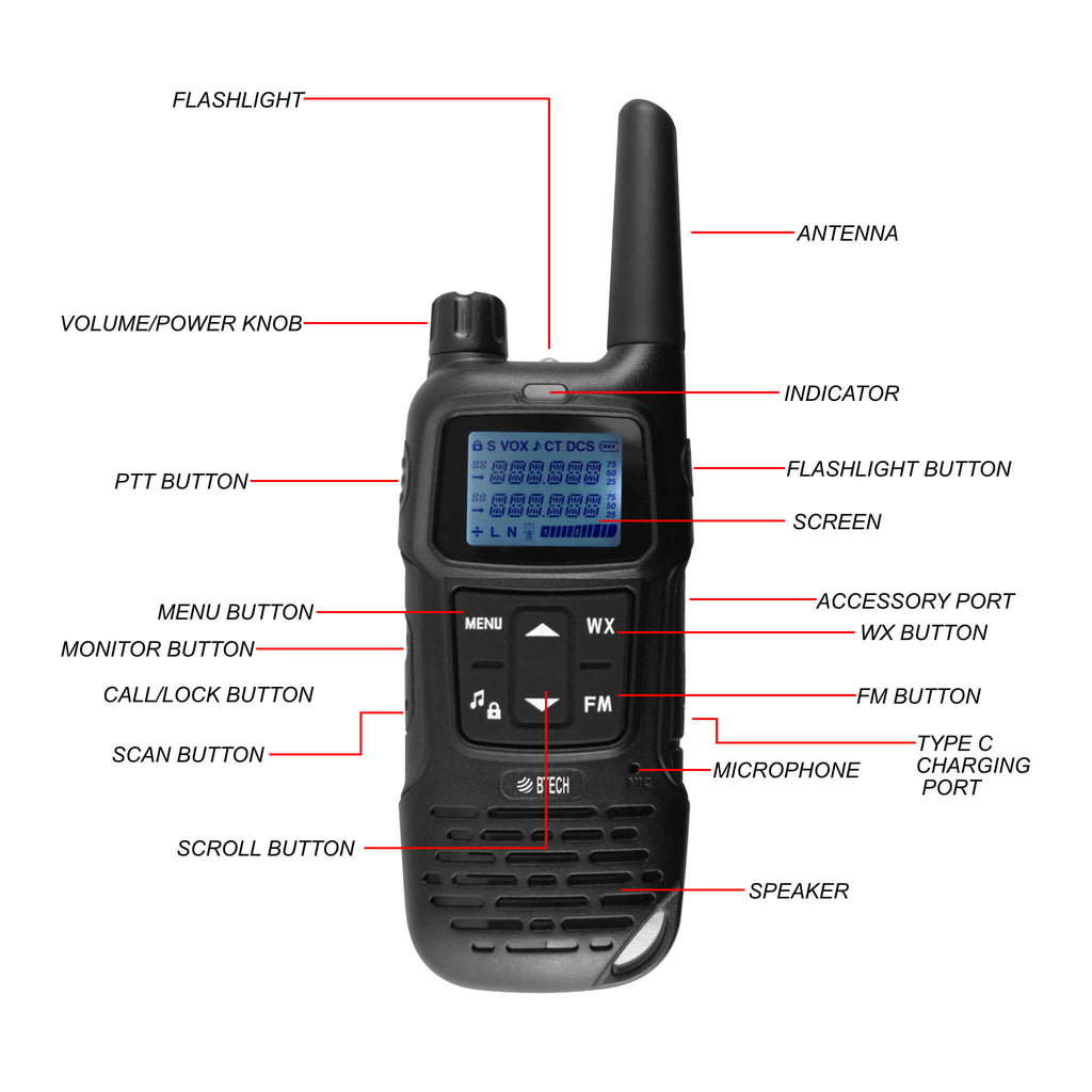 2PACK-FRS-A1: The BTECH FRS-A1 are license free FRS walkie talkies programmed with all 22 FRS channels used by FRS radios Comm Gear Supply CGS