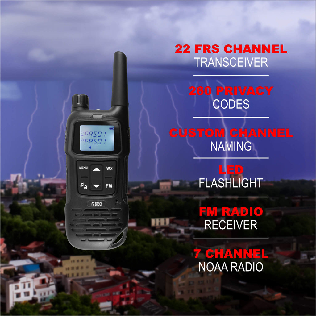 2PACK-FRS-A1: The BTECH FRS-A1 are license free FRS walkie talkies programmed with all 22 FRS channels used by FRS radios Comm Gear Supply CGS