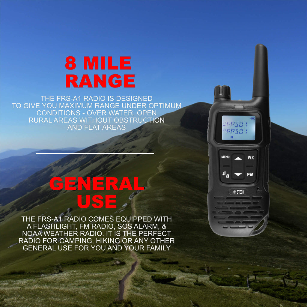 2PACK-FRS-A1: The BTECH FRS-A1 are license free FRS walkie talkies programmed with all 22 FRS channels used by FRS radios Comm Gear Supply CGS