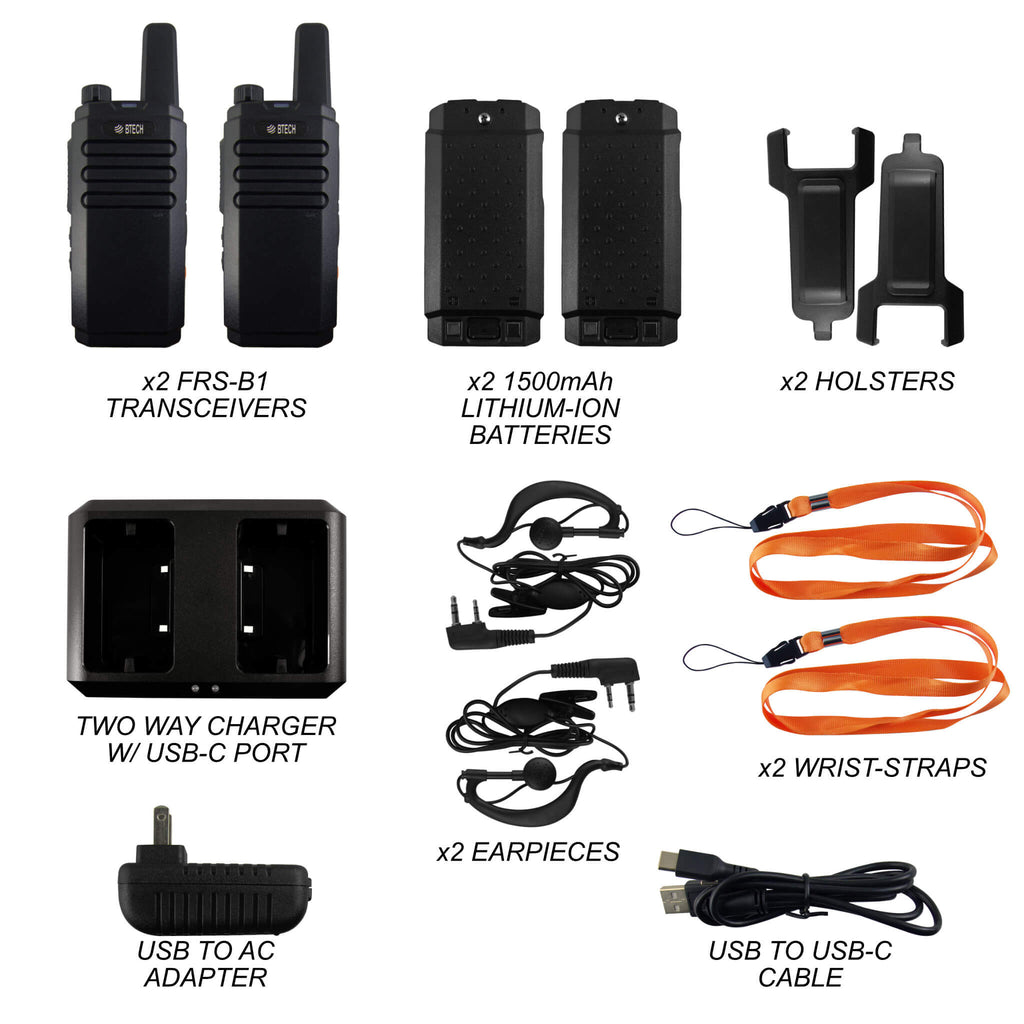 no license radio 2PACK-FRS-B1: The BTECH FRS-B1 are license free FRS walkie talkies programmed with all 22 FRS channels used by FRS radios. Comm Gear Supply CGS