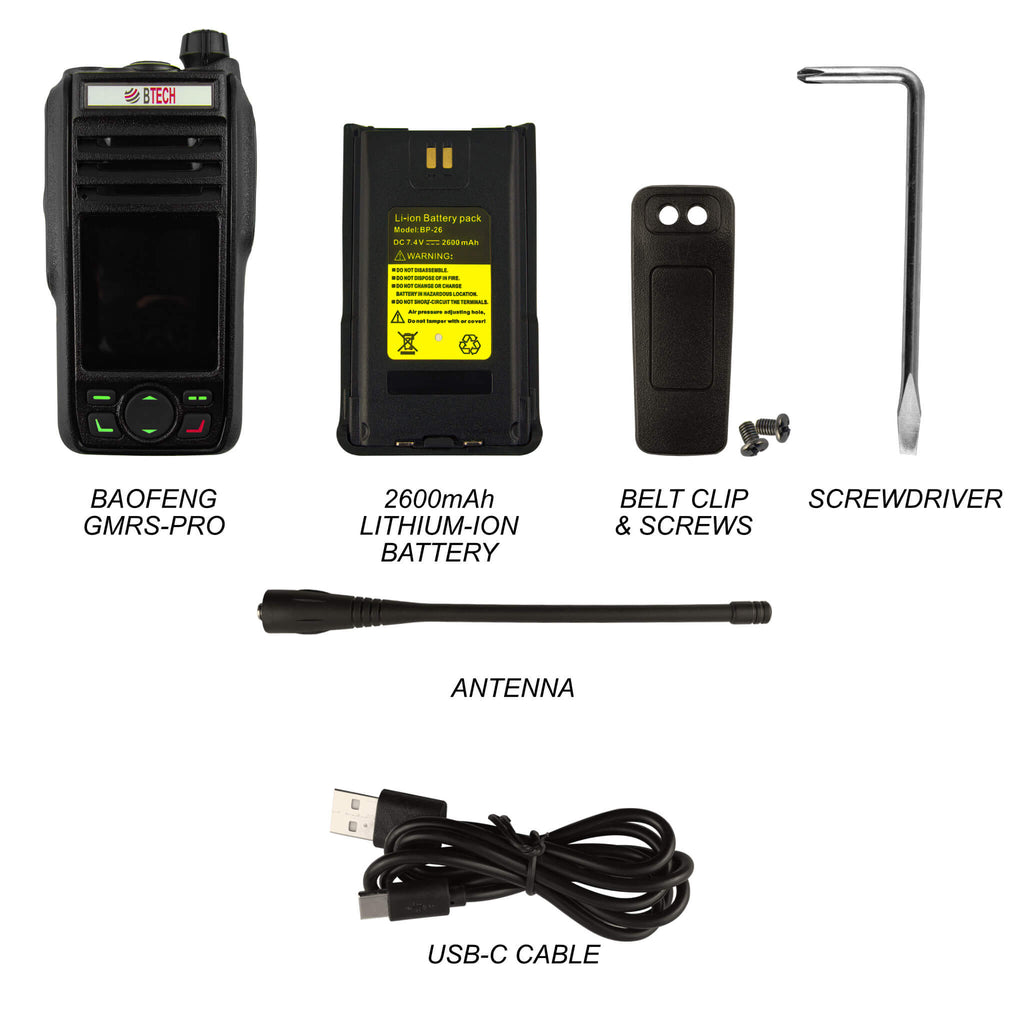 GMRS-PRO: The BTECH GMRS-PRO is a IP67 Waterproof GMRS Two-Way Radio with Bluetooth & GPS enabled, APP Programmable, GMRS Repeater Capable, with Dual Band Scanning Receiver (VHF/UHF). GMRS 462.5500 ~ 467.7250 MHz (Rx & Tx) / UHF & VHF (Scanning & Receiver) / FM Radio Walkie-Talkie