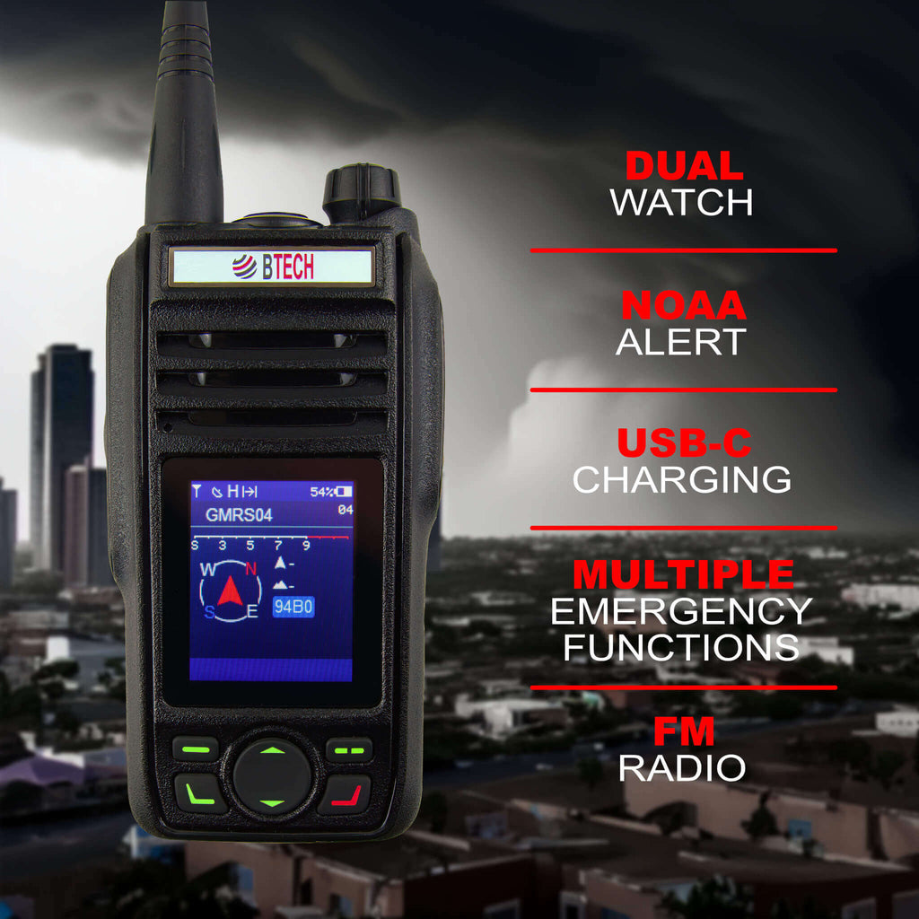 GMRS-PRO: The BTECH GMRS-PRO is a IP67 Waterproof GMRS Two-Way Radio with Bluetooth & GPS enabled, APP Programmable, GMRS Repeater Capable, with Dual Band Scanning Receiver (VHF/UHF). GMRS 462.5500 ~ 467.7250 MHz (Rx & Tx) / UHF & VHF (Scanning & Receiver) / FM Radio Walkie-Talkie