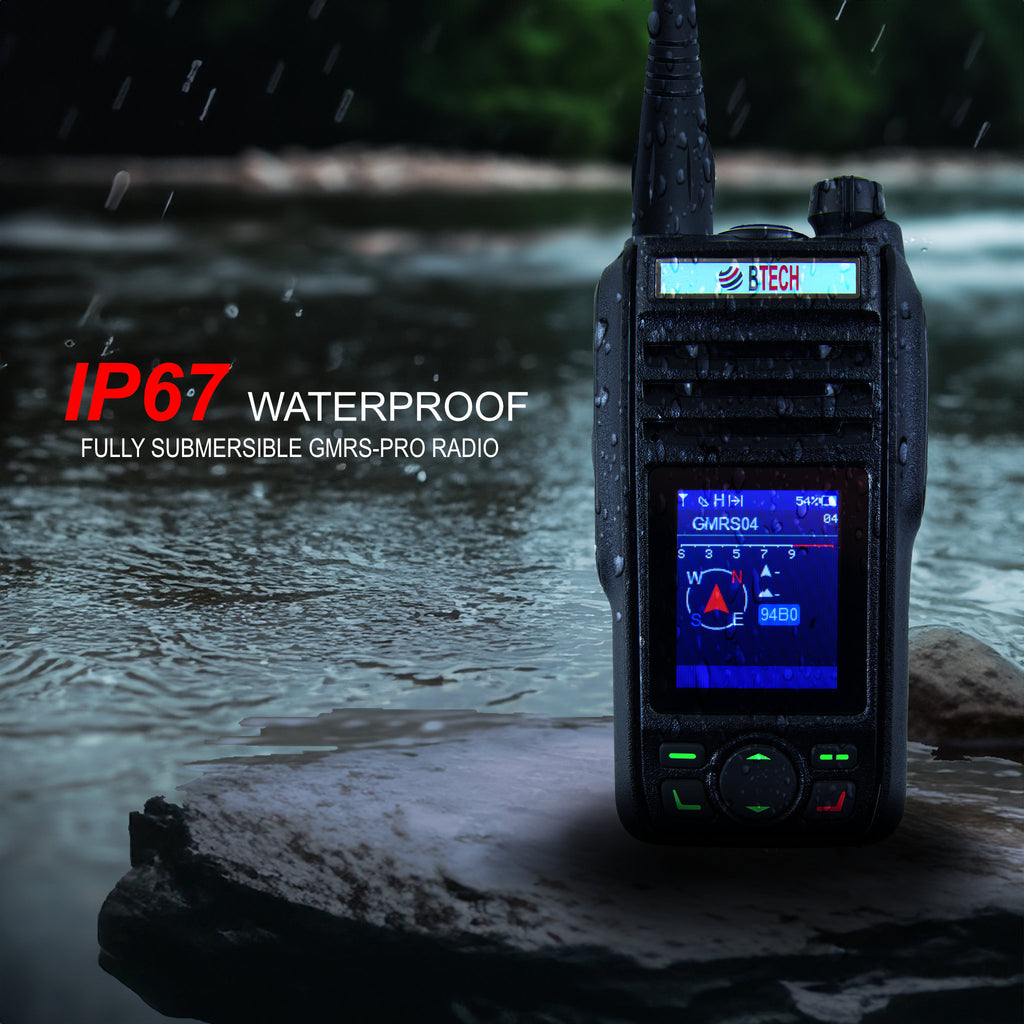 GMRS-PRO: The BTECH GMRS-PRO is a IP67 Waterproof GMRS Two-Way Radio with Bluetooth & GPS enabled, APP Programmable, GMRS Repeater Capable, with Dual Band Scanning Receiver (VHF/UHF). GMRS 462.5500 ~ 467.7250 MHz (Rx & Tx) / UHF & VHF (Scanning & Receiver) / FM Radio Walkie-Talkie