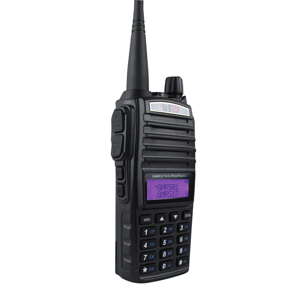 GMRS-V2: The BTECH GMRS-V2 is an IP54 Water Resistant GMRS Hand Held Two-Way Radio(Walkie Talkie) Repeater Capable, 200 Customizable Channels, with Dual Band Scanning Receiver (VHF/UHF)