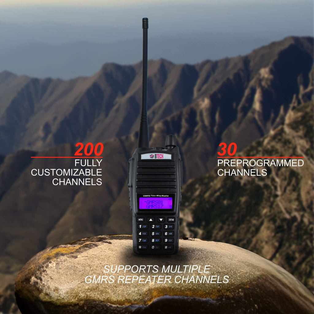 GMRS-V2: The BTECH GMRS-V2 is an IP54 Water Resistant GMRS Hand Held Two-Way Radio(Walkie Talkie) Repeater Capable, 200 Customizable Channels, with Dual Band Scanning Receiver (VHF/UHF)