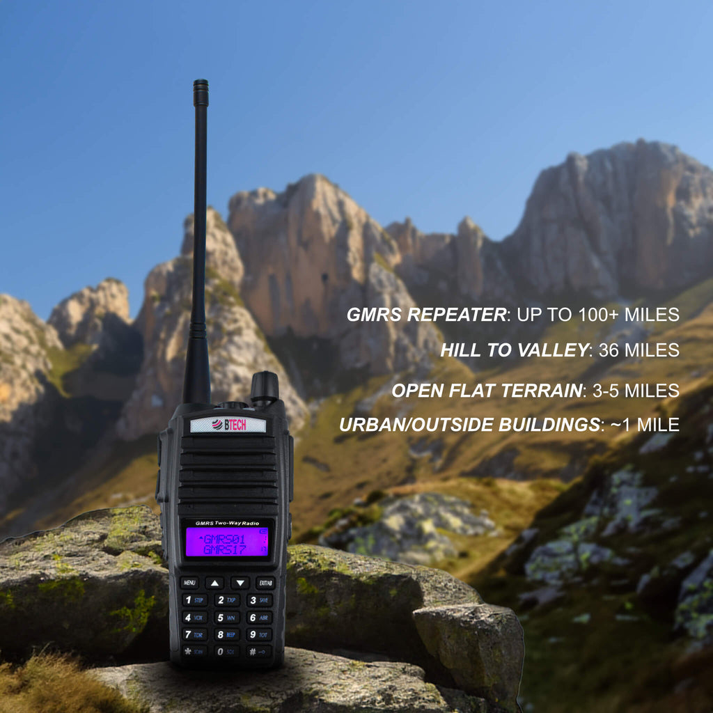 GMRS-V2: The BTECH GMRS-V2 is an IP54 Water Resistant GMRS Hand Held Two-Way Radio(Walkie Talkie) Repeater Capable, 200 Customizable Channels, with Dual Band Scanning Receiver (VHF/UHF)