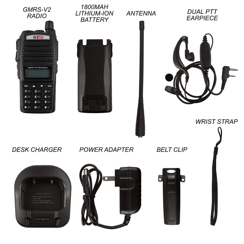 GMRS-V2: The BTECH GMRS-V2 is an IP54 Water Resistant GMRS Hand Held Two-Way Radio(Walkie Talkie) Repeater Capable, 200 Customizable Channels, with Dual Band Scanning Receiver (VHF/UHF)