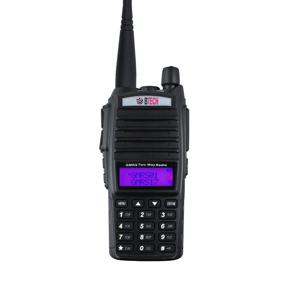 GMRS-V2: The BTECH GMRS-V2 is an IP54 Water Resistant GMRS Hand Held Two-Way Radio(Walkie Talkie) Repeater Capable, 200 Customizable Channels, with Dual Band Scanning Receiver (VHF/UHF)