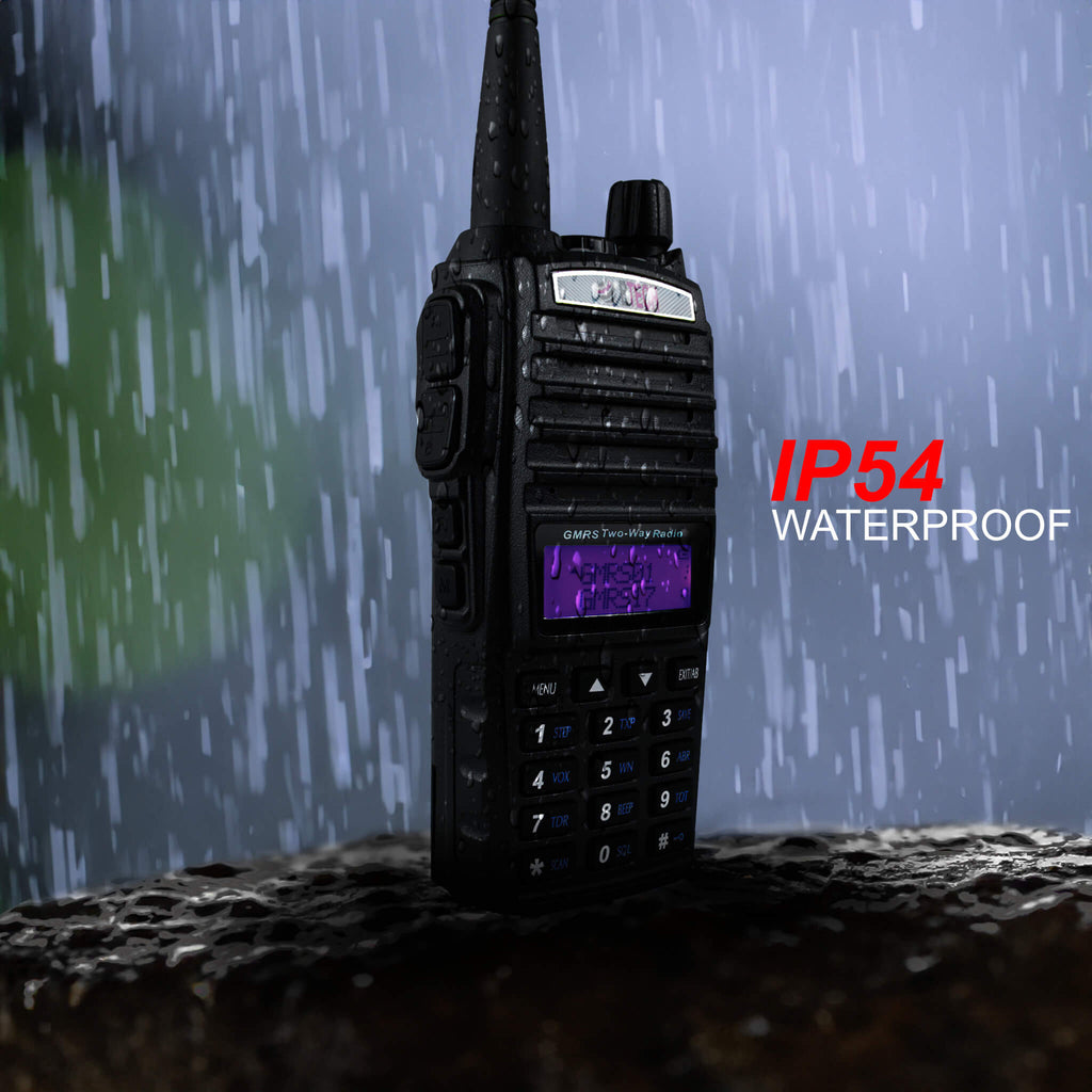 GMRS-V2: The BTECH GMRS-V2 is an IP54 Water Resistant GMRS Hand Held Two-Way Radio(Walkie Talkie) Repeater Capable, 200 Customizable Channels, with Dual Band Scanning Receiver (VHF/UHF)