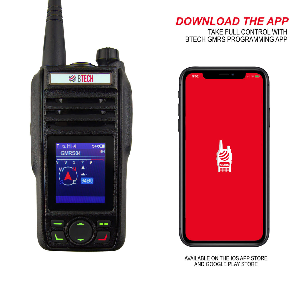 GMRS-PRO: The BTECH GMRS-PRO is a IP67 Waterproof GMRS Two-Way Radio with Bluetooth & GPS enabled, APP Programmable, GMRS Repeater Capable, with Dual Band Scanning Receiver (VHF/UHF). GMRS 462.5500 ~ 467.7250 MHz (Rx & Tx) / UHF & VHF (Scanning & Receiver) / FM Radio Walkie-Talkie