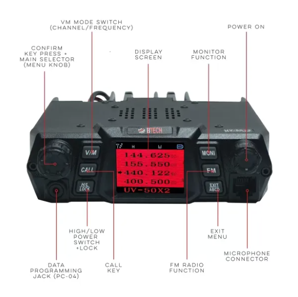 rugged radios baofeng UV-50X2: BTECH UV-50X2(Latest Gen)- 50Watt Dual Band Mobile Radio (136-174MHz VHF & 400-520MHz UHF)