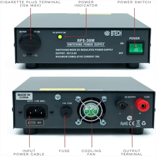RPS-30M: The BTECH Regulated Power Supply allows for simple and reliable AC-to-DC power conversion w/ constant source of DC voltage. An ideal power source for CB, Ham, GMRS and LMR Two way radios, Scanners, and all 13.8V equipment