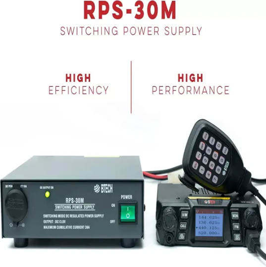 RPS-30M: The BTECH Regulated Power Supply allows for simple and reliable AC-to-DC power conversion w/ constant source of DC voltage. An ideal power source for CB, Ham, GMRS and LMR Two way radios, Scanners, and all 13.8V equipment