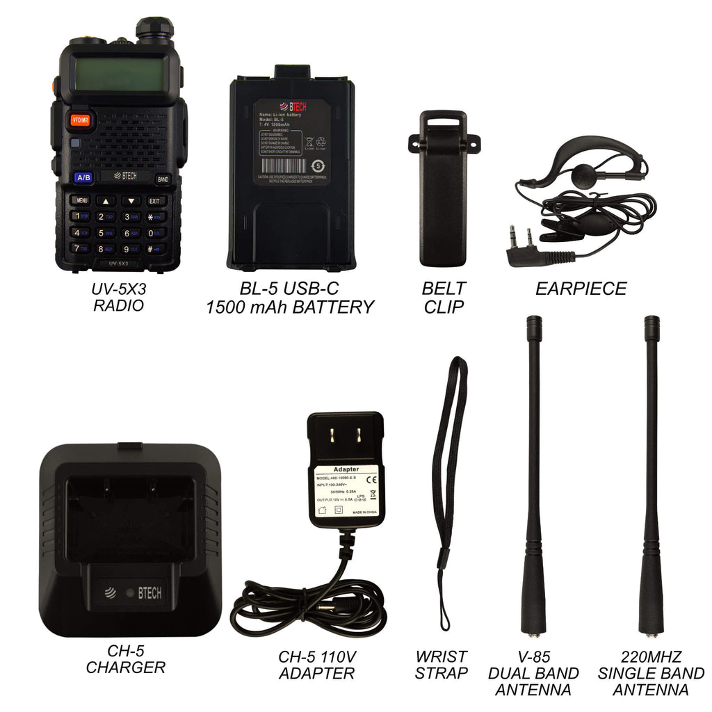 UV-5X3: Baofeng BTECH UV-5X3 5 Watt Tri-Band Radio : VHF, 1.25M, UHF, Amateur (Ham), Includes Dual Band Antenna, 220 Antenna, Earpiece, Charger Two-Way Radio Comm Gear Supply CGS