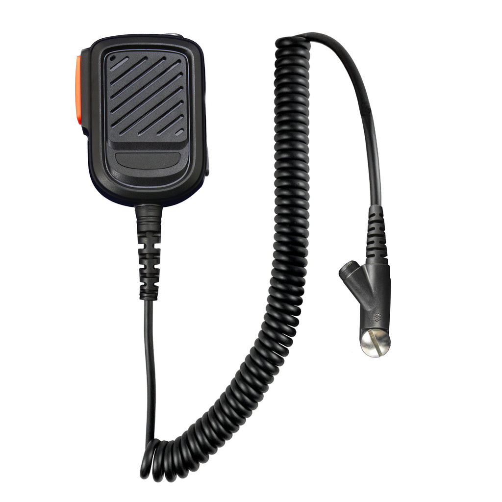 P/N: PSM2-29HW, Speaker Mic/Hand Mic for Public Safety Officials. High tensile strength polyurethane cable, internal KEVLAR weaved lining. Features colored PTT button, Emergency button, Rotatable clip.