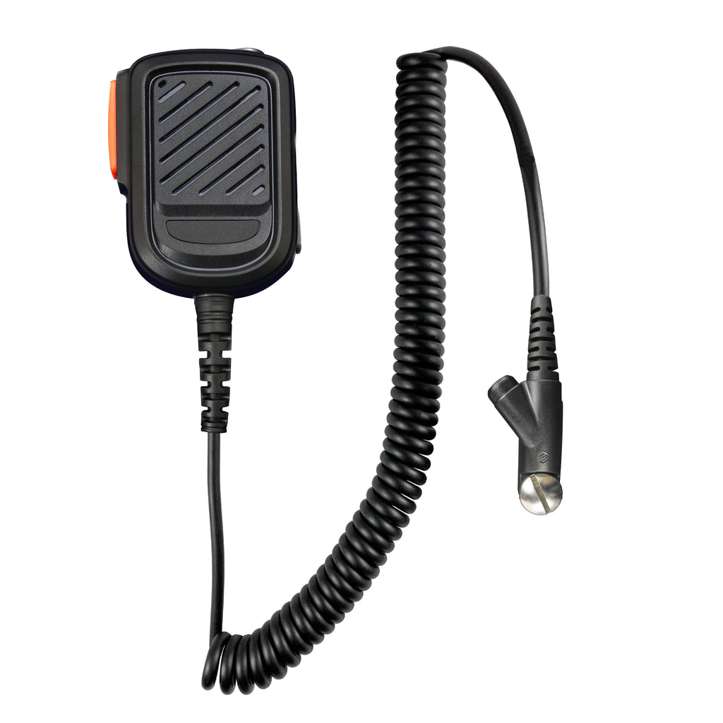 P/N: PSM2-29HW, Speaker Mic/Hand Mic for Public Safety Officials. High tensile strength polyurethane cable, internal KEVLAR weaved lining. Features colored PTT button, Emergency button, Rotatable clip. Comm Gear Supply CGS
