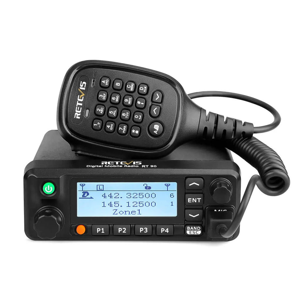 P/N: RMB90F: RT90 digital ham Mobile radio supports analog and digital mode, It provides dual band, dual standby, dual display, dual time slot, operating on both 400-480MHz UHF frequencies and 136-174MHz VHF at up to 50 watts VHF and 45 watts UHF. Comm Gear Supply CGS