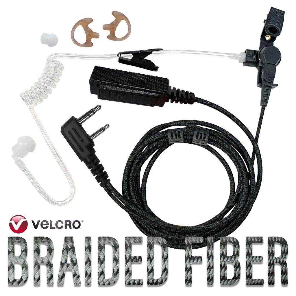 P/N: B2W01-V: Velcro Tactical/Professional Mic & Earpiece Braided Fiber Kit- 2 Pin Kenwood, Baofeng, AR-152, BTECH, Diga-Talk, TYT, AnyTone, Relm/BK Radio, Quansheng, Wouxon Comm Gear Supply CGS