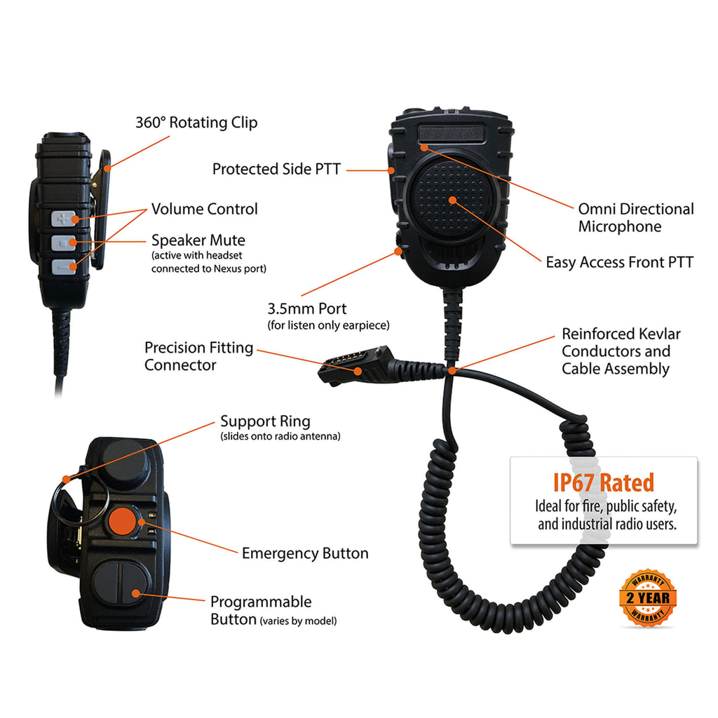 ESM-50-KW2-00 CGS-PTTSM-V2-11: Shoulder/Chest Speaker Microphone w/ Dual PTT for Tactical/Fire Headsets w/ Electret Microphones. Built for EF Johnson: VP5000, VP5230, VP5330, VP5430, VP6000, VP6230, VP6330, VP6430  Comm Gear Supply CGS