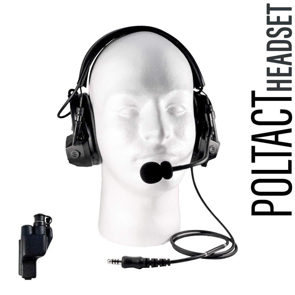 Tactical Radio Headset w/ Active Hearing Protection & Release Adapter - PTH-V1-23RR Material Comms PolTact Headset & Push To Talk(PTT) Adapter For EF Johnson: 5000, 5100, 8100, 51SL ES, 51 Fire ES, 51SL ES, 51LT ES, 7700, Ascend, AN/PRC127EFJ, VP400, VP600, VP900 Comm Gear Supply CGS