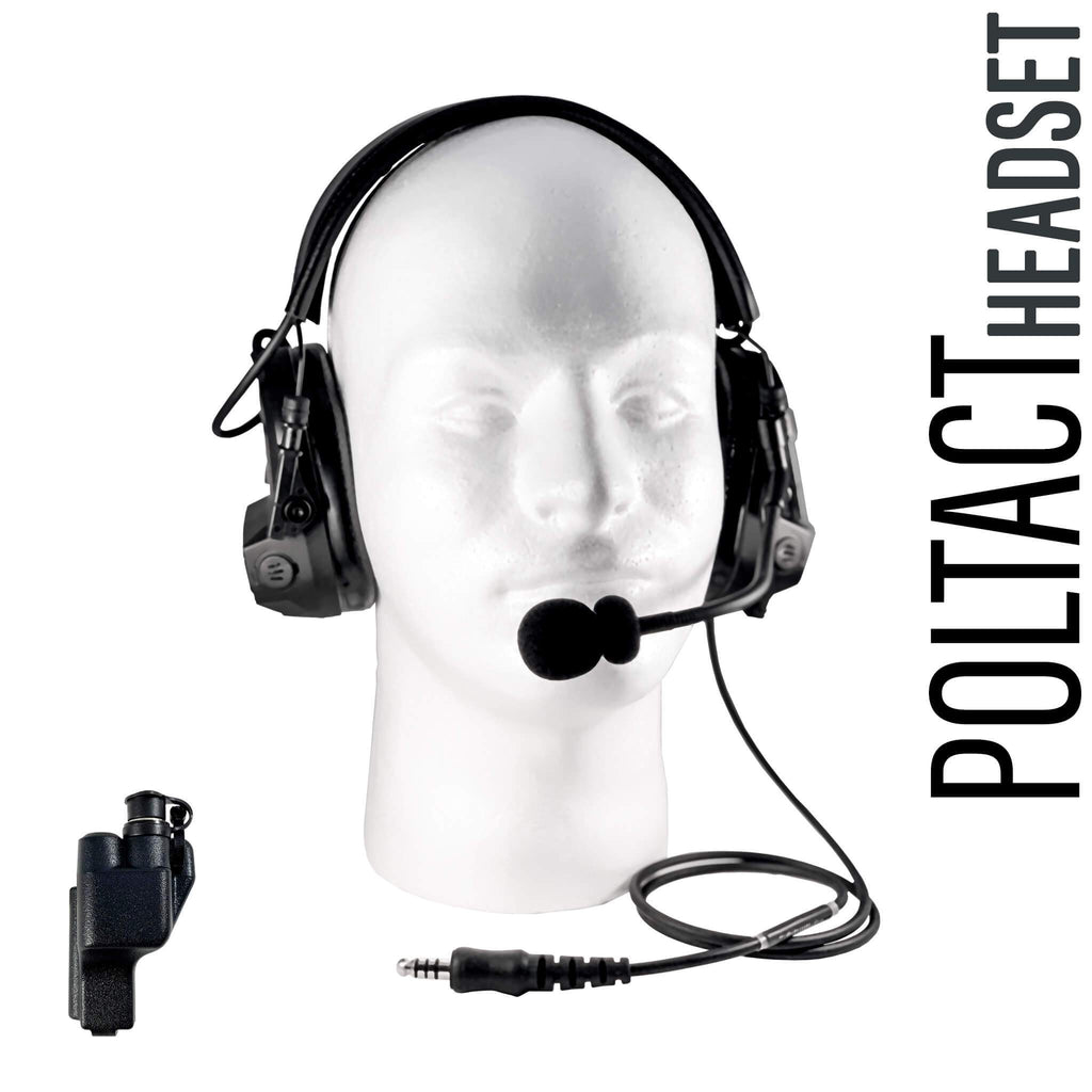 Tactical Radio Headset w/ Active Hearing Protection & Release Adapter - PTH-V1-23RR The Material Comms PolTact Headset & Push To Talk(PTT) Adapter For Motorola: XTS1500, XTS2500, XTS3000, XTS3500, XTS5000, HT1000, JT1000, MT2000, MTS2000, MTX838, MTX900, MTX8000, MTX9000, PR1500 Comm Gear Supply CGS