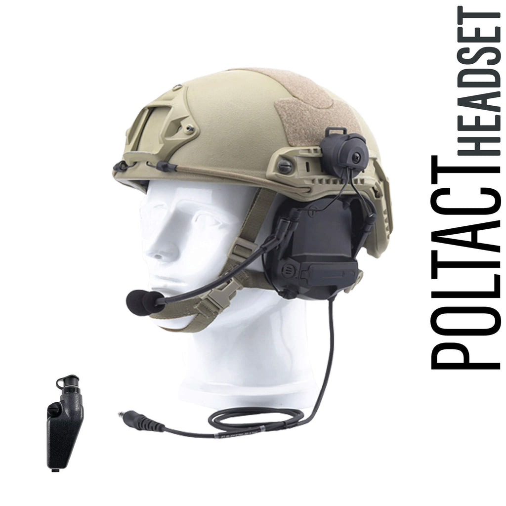 Tactical Radio Helmet Headset w/ Active Hearing Protection & Release Adapter - PTH-V2-11RR Material Comms PolTact Helmet Headset & Push To Talk(PTT) Adapter For EF Johnson: VP5000, VP5230, VP5330, VP5430, VP6000, VP6230, VP6330, VP6430 Comm Gear Supply CGS