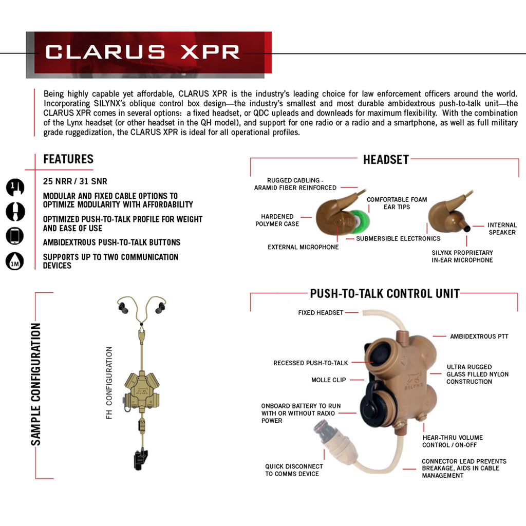 Clarus XPR Tactical In-Ear Comms System CXPRFH+CA0218-0 For Vertex Standard VX-530, VX-537(NYPD), VX- 600, VX-800, VX-900 Series  Comm Gear Supply CGS